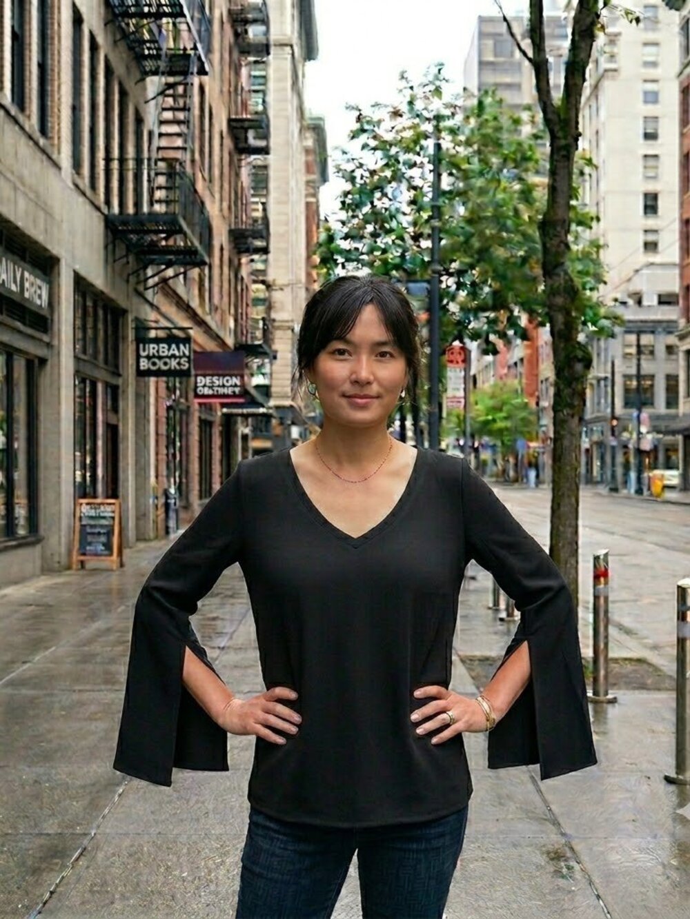 V Neck Blouse Tunic Top Black Split Sleeve Size L